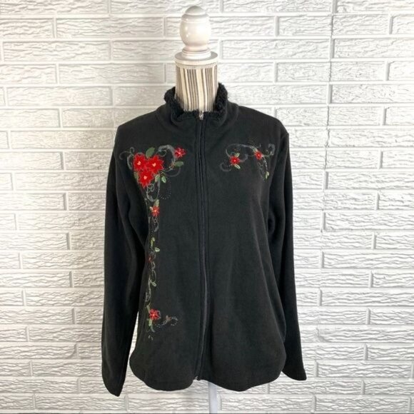Basic Editions Black Fleece Jacket Red Poinsettias Size Large - Picture 1 of 7